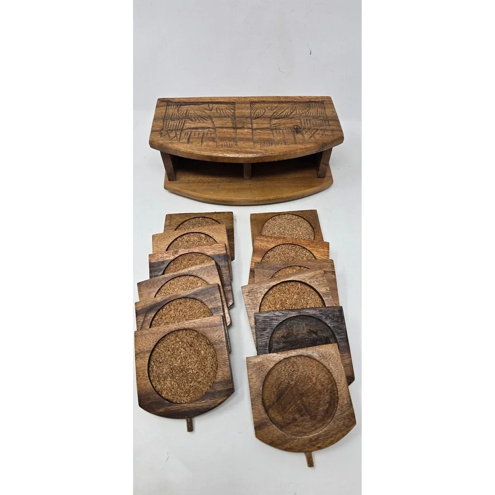 Vtg wood carved enclosed case w/12 Coasters, slide out coasters barware Kitsch